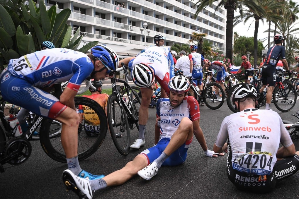 Thibaut Pinot of Team Groupama-FDJ sits on the ground after a crash during the first stage of the 107th edition of the Tour de France. Photo: AFP