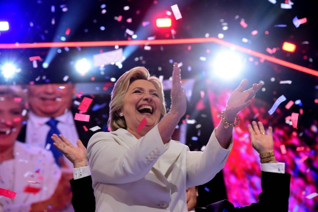 Hillary Clinton celebrates on the last day of the Democratic National Convention, in Philadelphia, Pennsylvania on July 29, 2016. The Democratic presidential hopeful won the popular vote but lost the electoral college. Photo: AFP