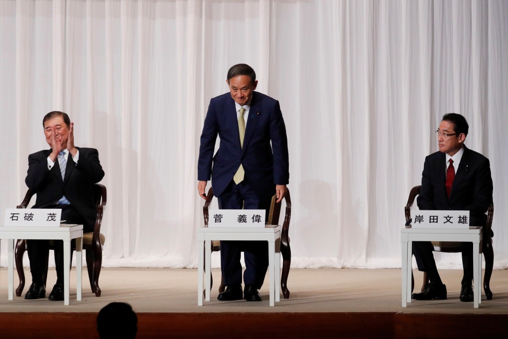 Japan’s former defence minister Shigeru Ishiba, Chief Cabinet Secretary Yoshihide Suga, and former foreign minister Fumio Kishida are seen at the Liberal Democratic Party's leadership election campaign. Photo: Reuters
