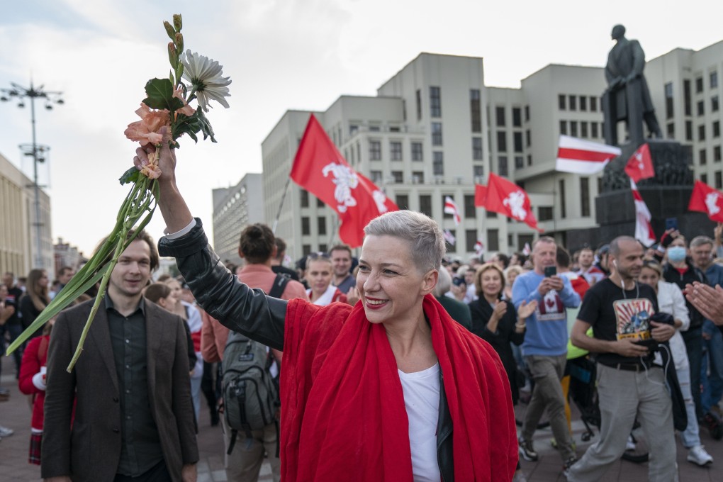 Belarus opposition figure Maria Kolesnikova greets protesters during a rally at Minsk’s Independent Square in August. Photo: AP