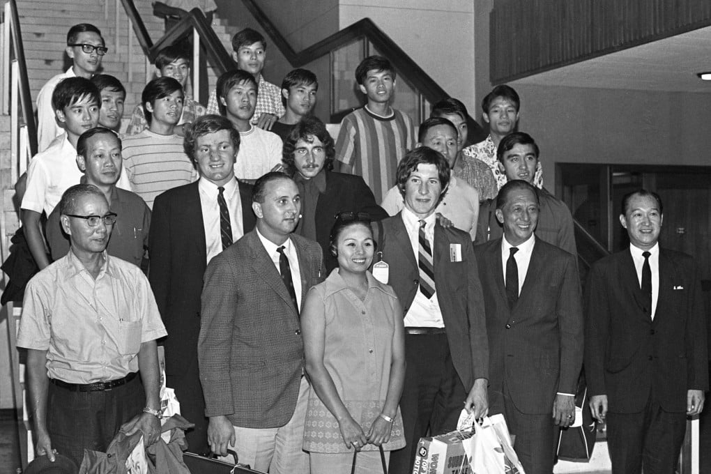 Walter Gerrard, Derek Currie and Jackie Trainer arrive in Hong Kong on September 10, 1970. Ian Petrie is next to former Caroline Hill owner Veronica Chan, with future Hong Kong coach Kwok Ka-ming on the right. Photo: SCMP