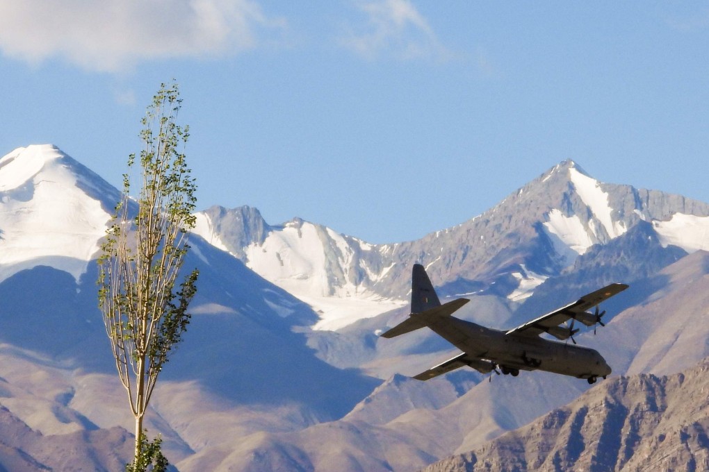 An Indian Air Force Hercules military transport plane prepares to land at an airbase in Leh, the joint capital of the union territory of Ladakh, on September 8. Photo: AFP
