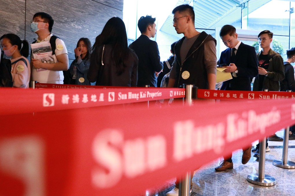 Potential buyers queue for Sun Hung Kai Properties' Wetland Seasons Park residential project. Hong Kong’s property transactions slumped by a quarter in the first six months of 2020 due to pandemic-related restrictions. Photo: May Tse