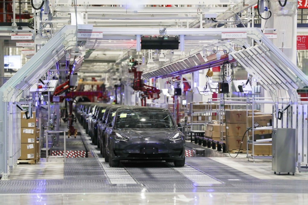 Tesla vehicles are seen on an assembly line at the Gigafactory in Shanghai on January 7, 2020 before they roll out for local market debut. Photo: Xinhua