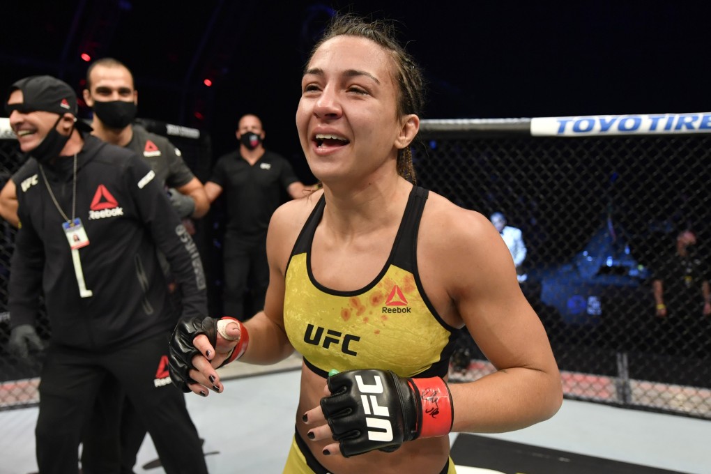 Brazil’s Amanda Ribas celebrates her victory over Paige VanZant in their flyweight fight during UFC 251 in Abu Dhabi. Photo: USA TODAY Sports