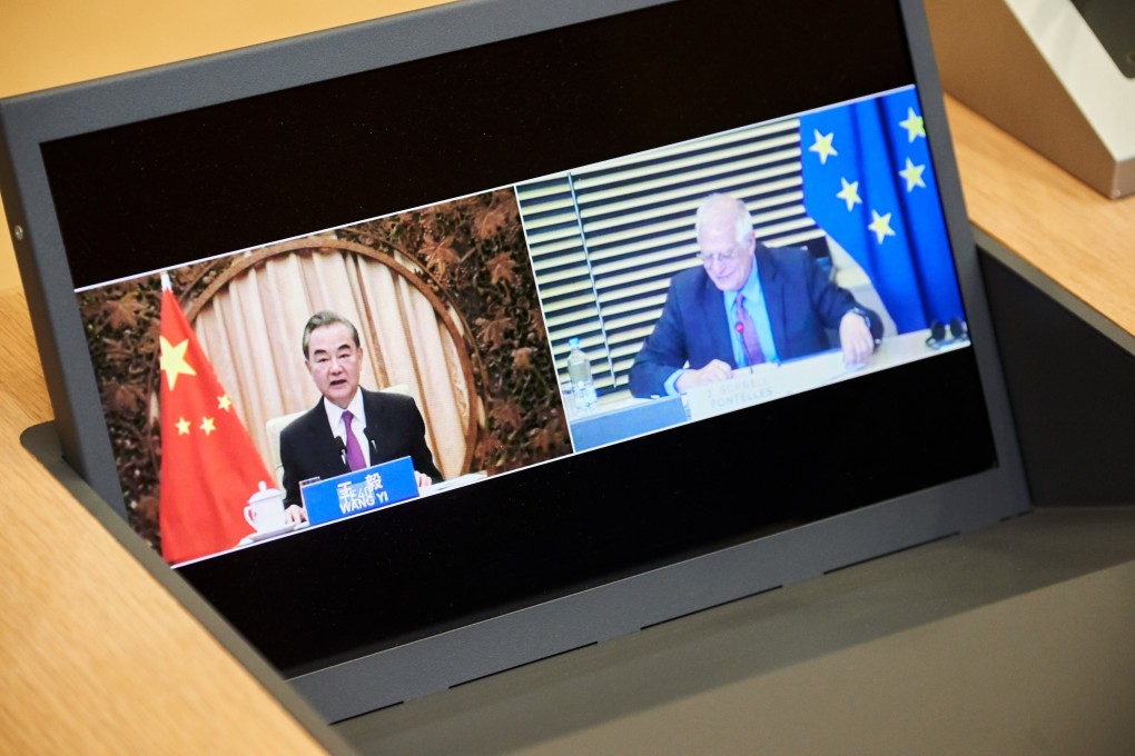 Chinese Foreign Minister Wang Yi (left) and EU foreign policy chief Josep Borrell take part in a virtual meeting as part of the EU-China Strategic Dialogue on June 9. Photo: Dati Bendo/European Commission via dpa