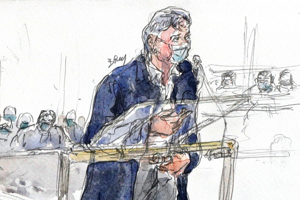A courtroom sketch shows Charlie Hebdo's publication director, cartoonist and writer Laurent Sourisseau giving testimony in the Paris courthouse on Wednesday. Image: AFP