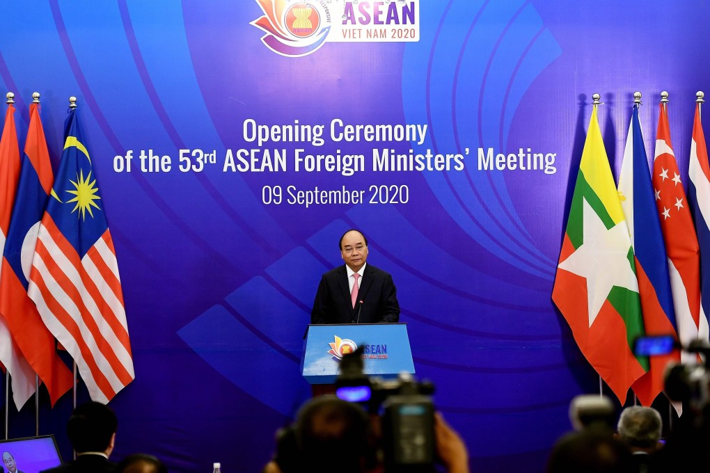 Vietnam’s Prime Minister Nguyen Xuan Phuc addresses a live video conference during the opening ceremony of the 53rd Asean Foreign Ministers’ Meeting, held online due to the coronavirus pandemic, in Hanoi on September 9. Photo: AFP