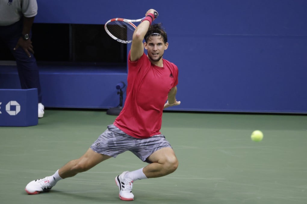 Dominic Thiem hits a return to Alexander Zverev during his US Open final win. Photo: EPA