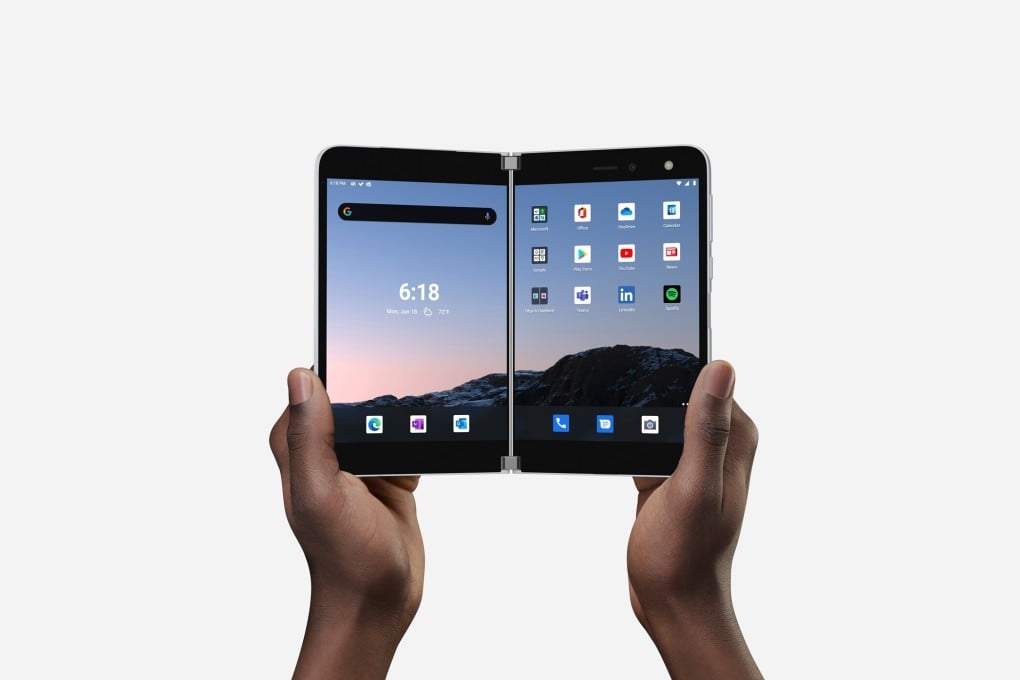 The Microsoft Surface Duo smartphone features foldable dual screens and a 360-degree hinge that allows for different configurations such as book mode or tent mode.