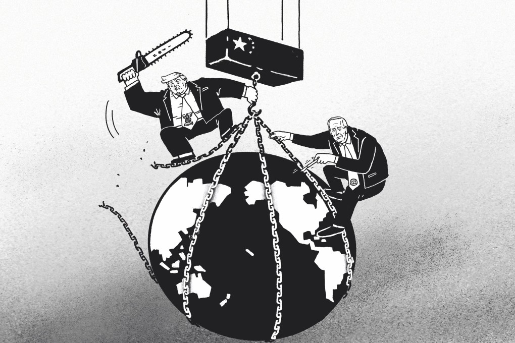 The extent to which global supply chains unravel, and the manner in which they do, will depend in large part on who is in the White House for the next four years – Donald Trump or Joe Biden. Illustration: Perry Tse