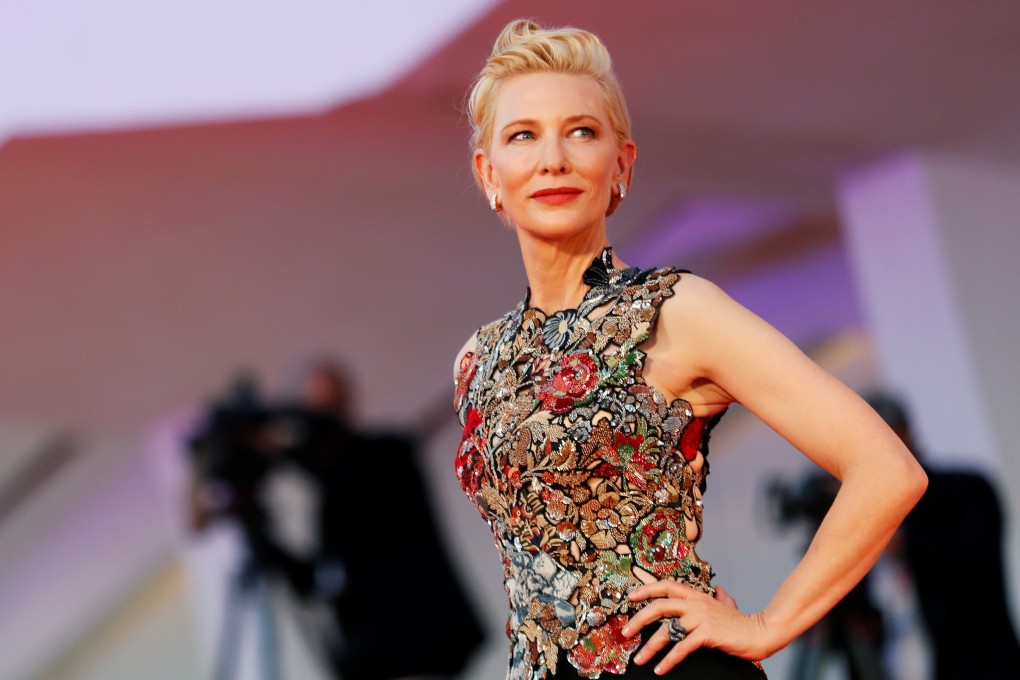 Cate Blanchett in an embroidered top altered from an Alexander McQueen gown she first sported in London, in 2016. Photo: Reuters