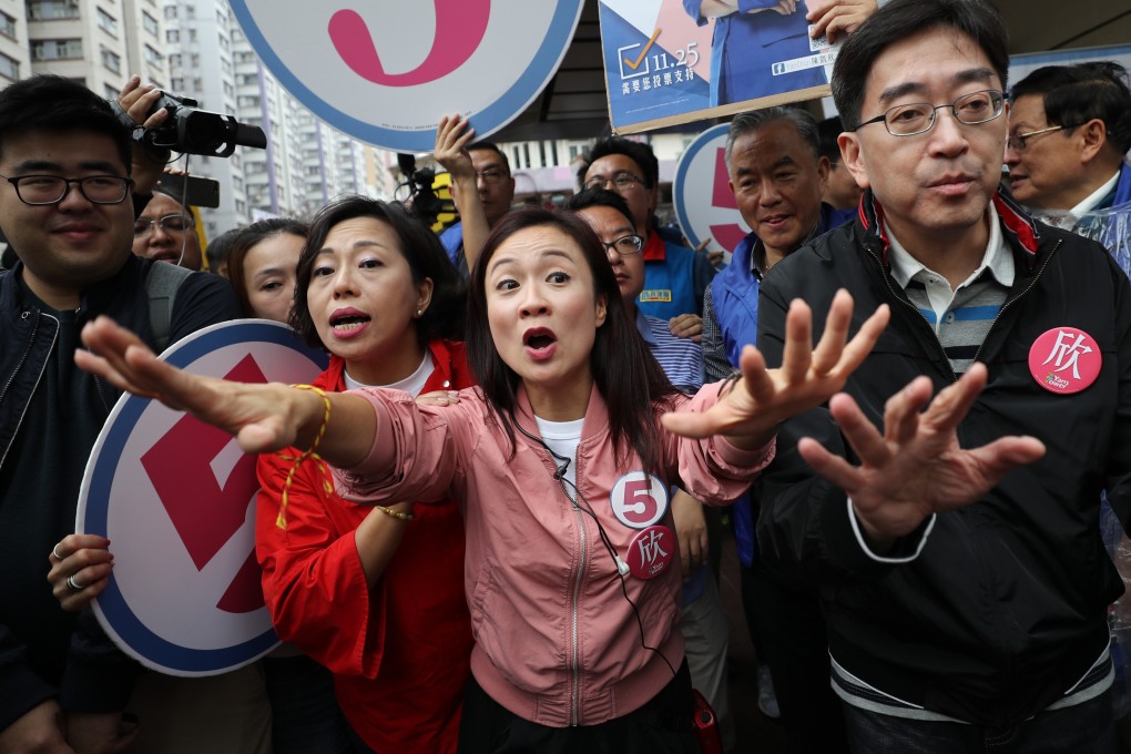 Chan Hoi-yan (centre), pictured canvassing in 2018, has been officially removed from Legco. Photo: Edward Wong