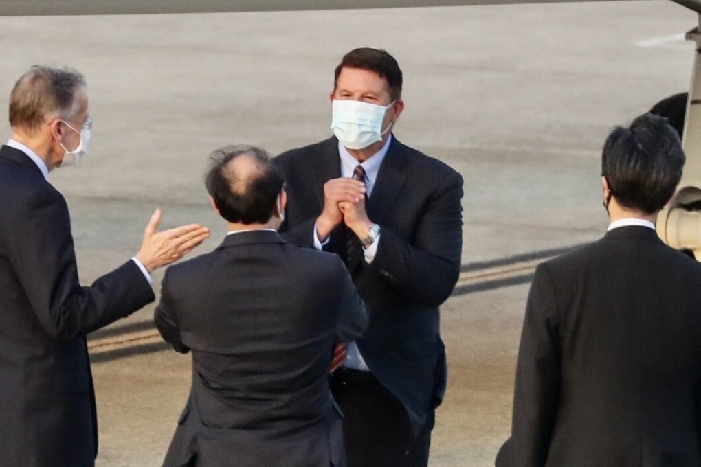 US undersecretary of state Keith Krach (centre) arrives in Taipei on Thursday. Photo: AFP