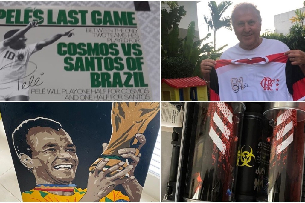 Pele’s last game poster, Zico’s Flamengo jersey from 1981, Cafu’s painting of him lifting the World Cup and his special Adidas boots are all up for auction. Photos: OleNoCorona