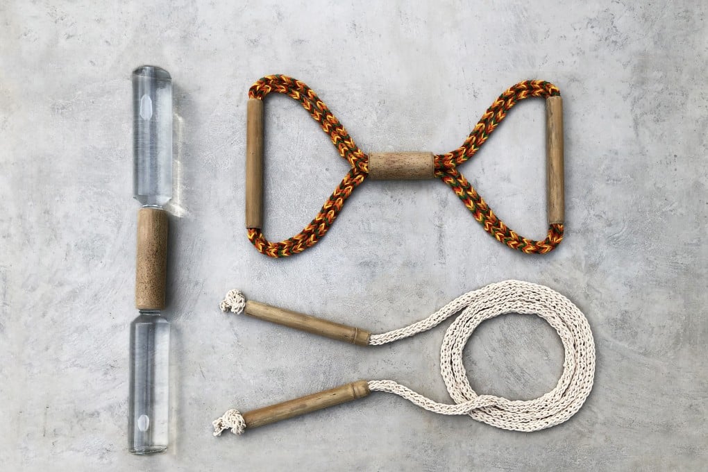 Frederic Gooris and Paulina Chu made a home exercise kit out of bamboo for Design Trust‘s exhibition of creations for Covid-19 in Hong Kong, “Critically Homemade”.