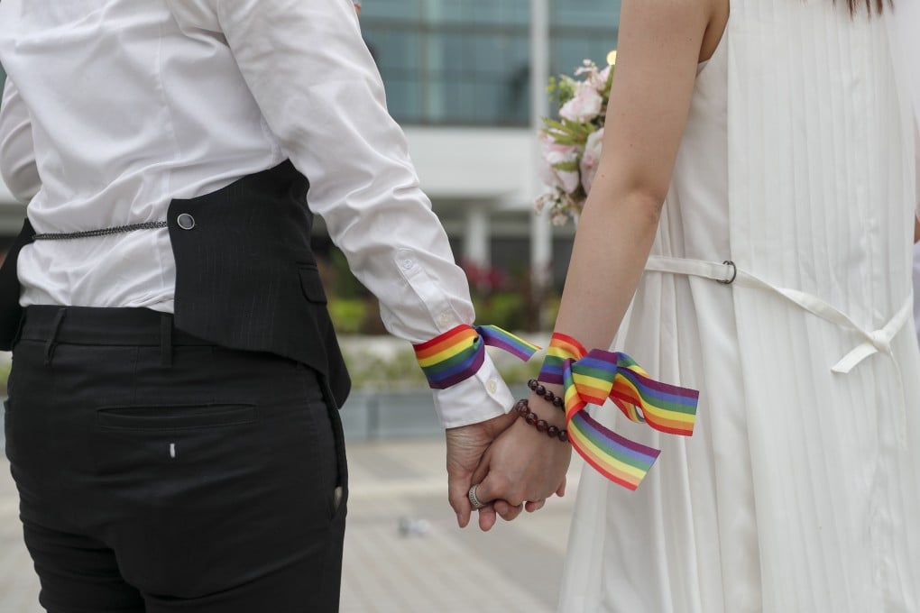 LGBT supporters gather in Central, the business heart of Hong Kong, to call for equal marriage rights on May 25, 2019, as they celebrate neighbouring Taiwan becoming the first Asian jurisdiction to allow same-sex marriage. Photo: Sam Tsang