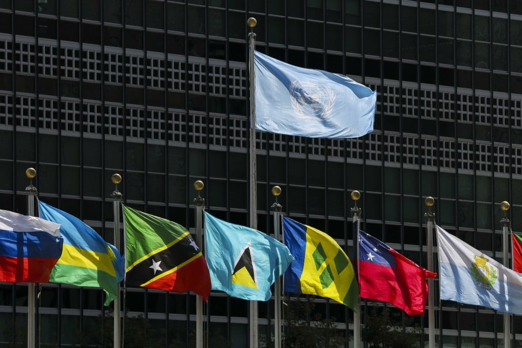 Flags are flown outside the United Nations headquarters in New York on Monday. Photo: EPA-EFE