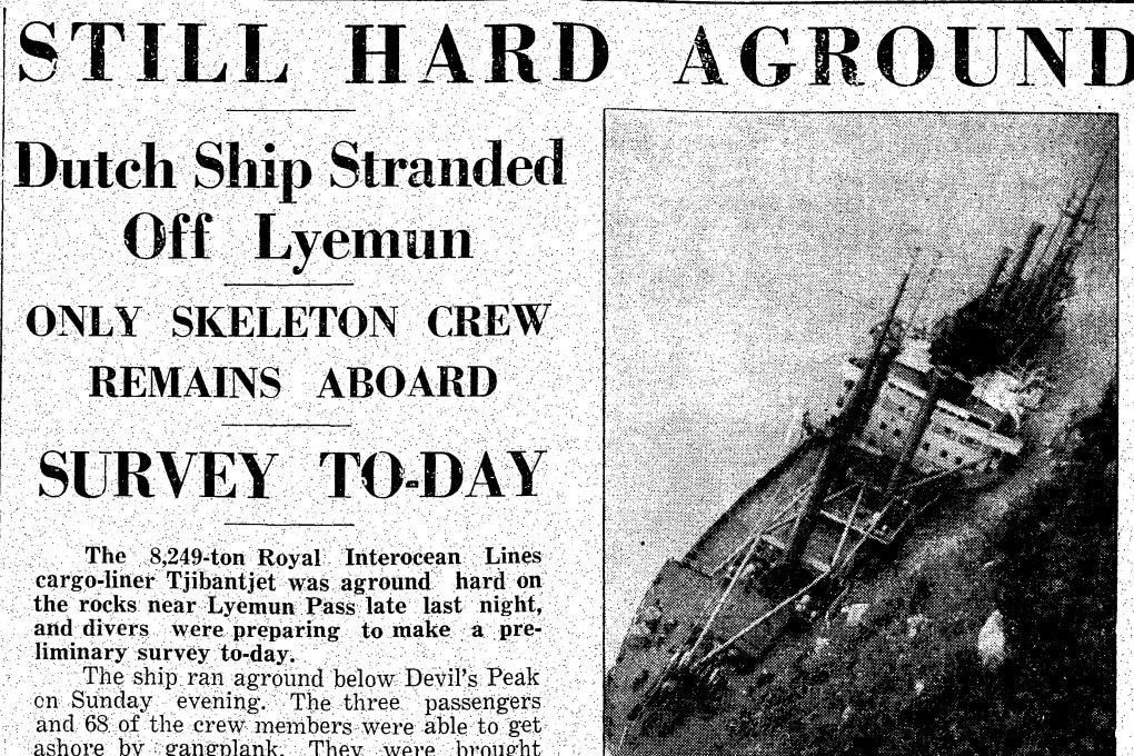The stranding of the Tjibantjet, a Dutch cargo liner, was front-page news in the Post on September 24, 1957.