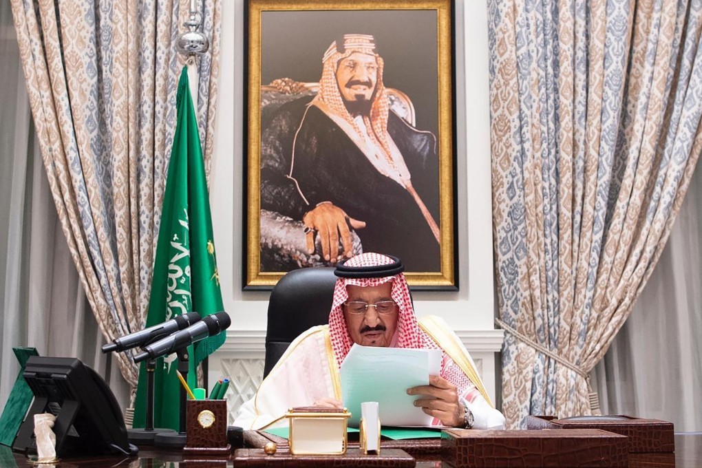 King Salman bin Abdulaziz delivers his speech during the virtual 75th session of the United Nations General Assembly on Wednesday. Photo: Saudi Royal Palace handout via AFP