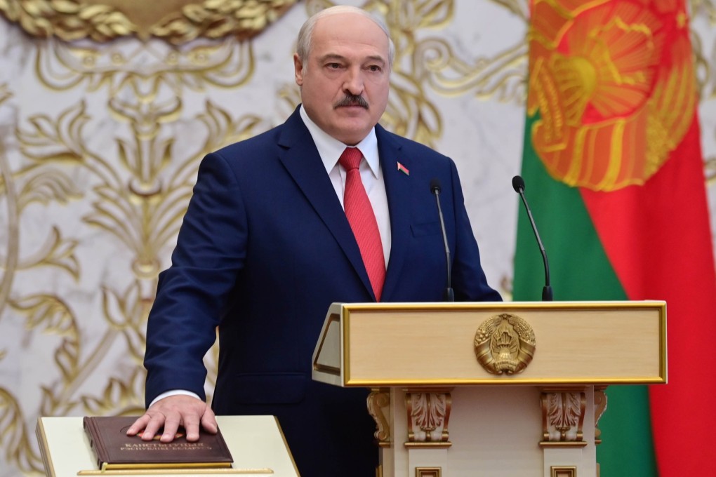 Belarusian President Alexander Lukashenko takes the oath of office during his inauguration ceremony at the Palace of Independence in Minsk on Wednesday. Photo: EPA-EFE