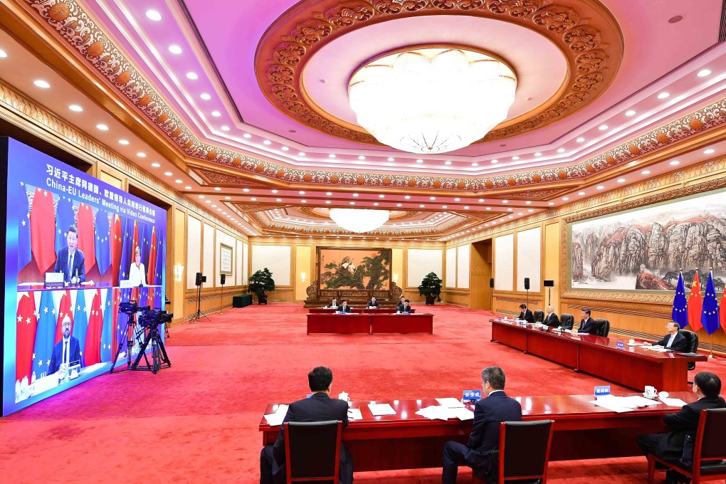 Leaders from China, Germany and the European Union speak via video link on September 14. Talks on a proposed China-EU investment agreement have encountered sticking points, though some observers believe a deal may be reached soon. Photo: Xinhua