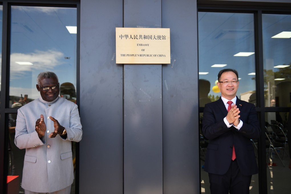 Chinese Ambassador to the Solomon Islands Li Ming, right, and Solomon Islands Prime Minister Manasseh Sogavare attend the opening ceremony on Monday of the new Chinese Embassy in the Solomon Islands. Photo: Xinhua