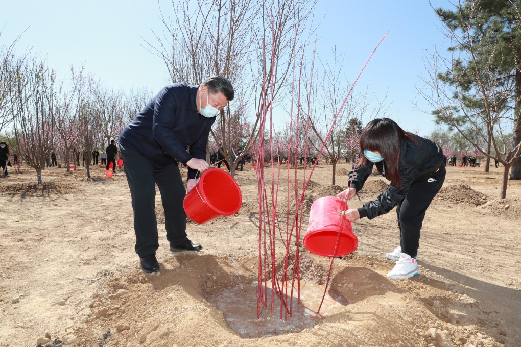 President Xi Jinping, left, waters saplings during a tree-planting activity in Daxing district in Beijing on April 3. Xi’s recent pledge to get China to net zero carbon dioxide emissions by 2060 was the latest in a series of increasingly bold programmes intended to mitigate climate change. Photo: Xinhua