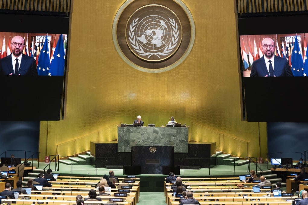 Charles Michel (on screens), the president of the European Council, addressing the United Nations General Assembly in New York on Friday. Photo: United Nations via EPA-EFE
