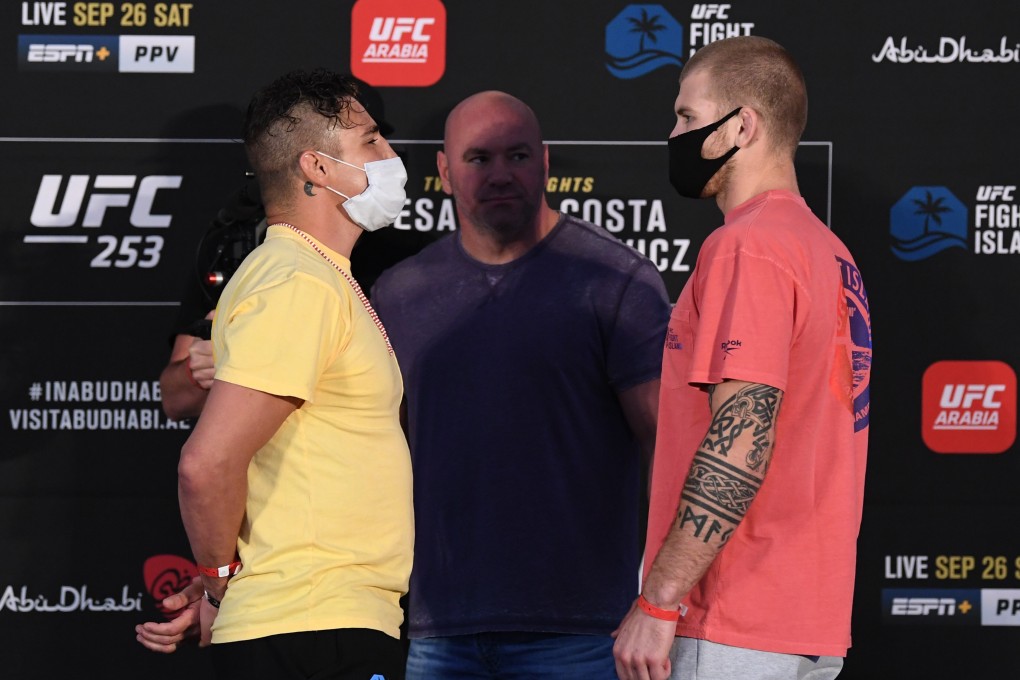 Diego Sanchez (left) and Jake Matthews face off during the UFC 253 weigh-in on September 25, 2020 at Flash Forum on UFC Fight Island, Abu Dhabi. Photo: Josh Hedges/Zuffa LLC via Getty Images