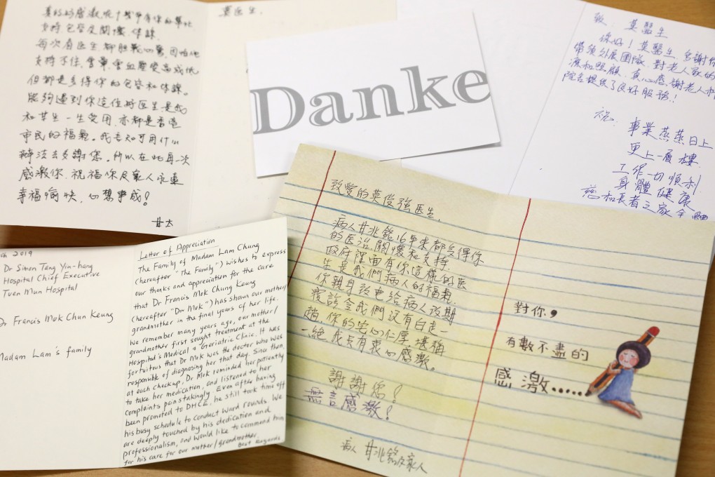 Thank-you notes addressed to Dr Mok Chun-keung at Tuen Mun Hospital. Photo: Nora Tam