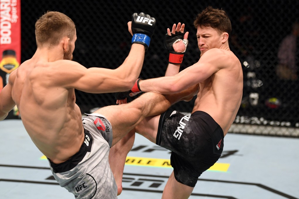Ludovit Klein kicks Shane Young in their featherweight bout during UFC 253 inside Flash Forum on UFC Fight Island on September 27, 2020 in Abu Dhabi, United Arab Emirates. Photos: Josh Hedges/Zuffa LLC