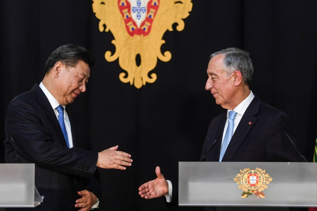Portuguese President Marcelo Rebelo de Sousa shakes hands with Chinese leader Xi Jinping in Lisbon in 2018. Washington’s ambassador in Lisbon described Portugal as part of a “battlefield” between the US and China. Photo: AFP