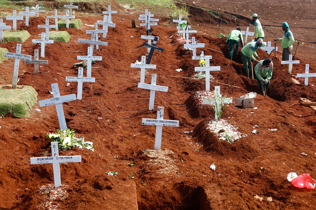 Workers prepare new graves for victims of the coronavirus at a cemetery in Jakarta, Indonesia. Photo: Reuters