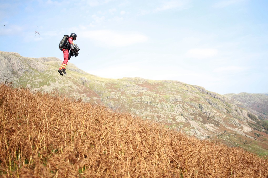 Inventor Richard Browning conducts a test flight of his jet-powered suit at Lake District in Britain. Photo: GNASS handout via AFP