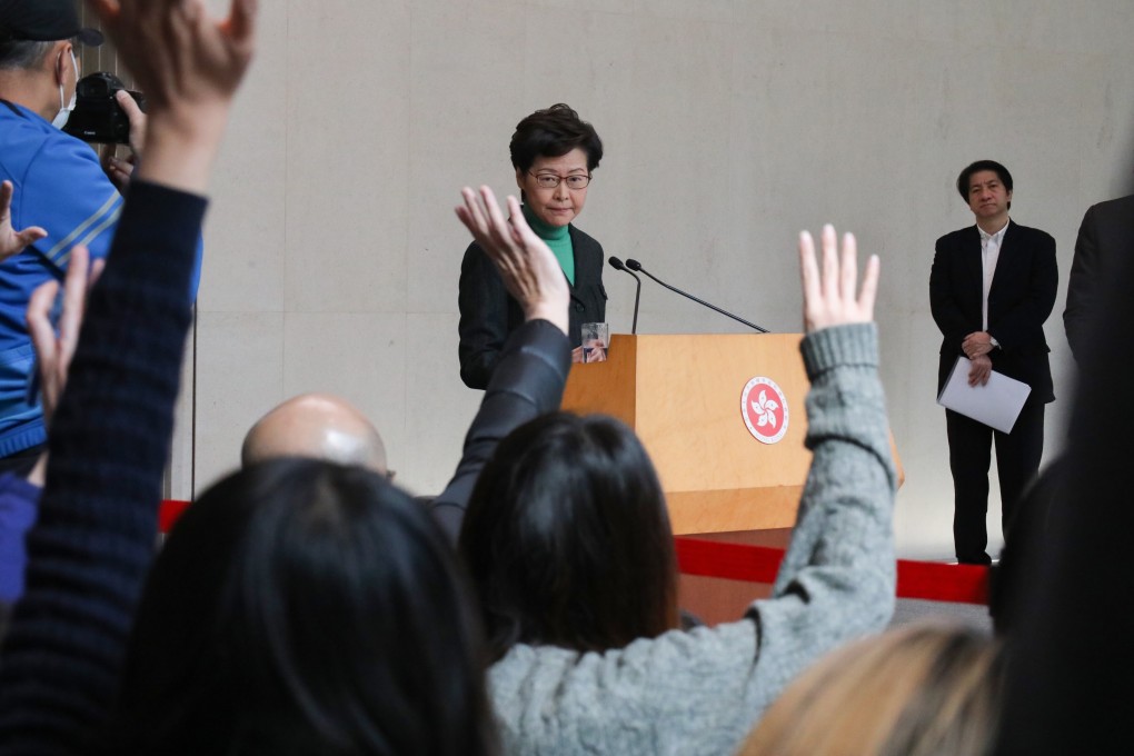 Chief Executive Carrie Lam Cheng Yuet-ngor speaks to the media last February. Are aggressive questions no longer part of media freedom? Lam refused to answer when reporters asked her recently. Photo: Felix Wong