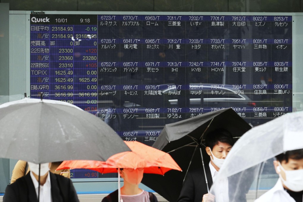 A roadside financial data screen in Tokyo showing no trading activity on October 1, 2020, after Japan Exchange Group Inc. halted trading in all shares listed on the Tokyo Stock Exchange due to a system glitch. Photo: Kyodo