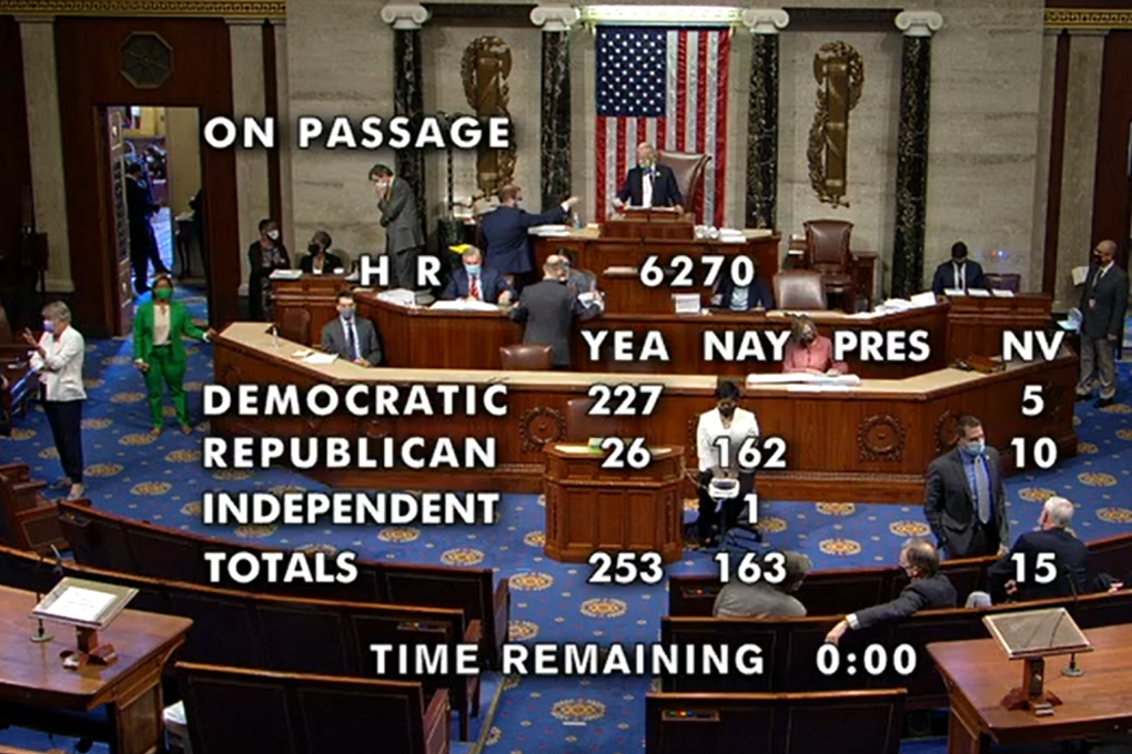 Vote totals for Uyghur Forced Labor Disclosure Act are displayed as the bill passes on Wednesday. Photo: US House of Representatives