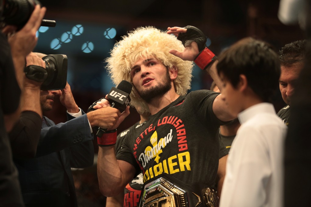 Khabib Nurmagomedov speaks to the media after beating Dustin Poirier. Photo: Reuters