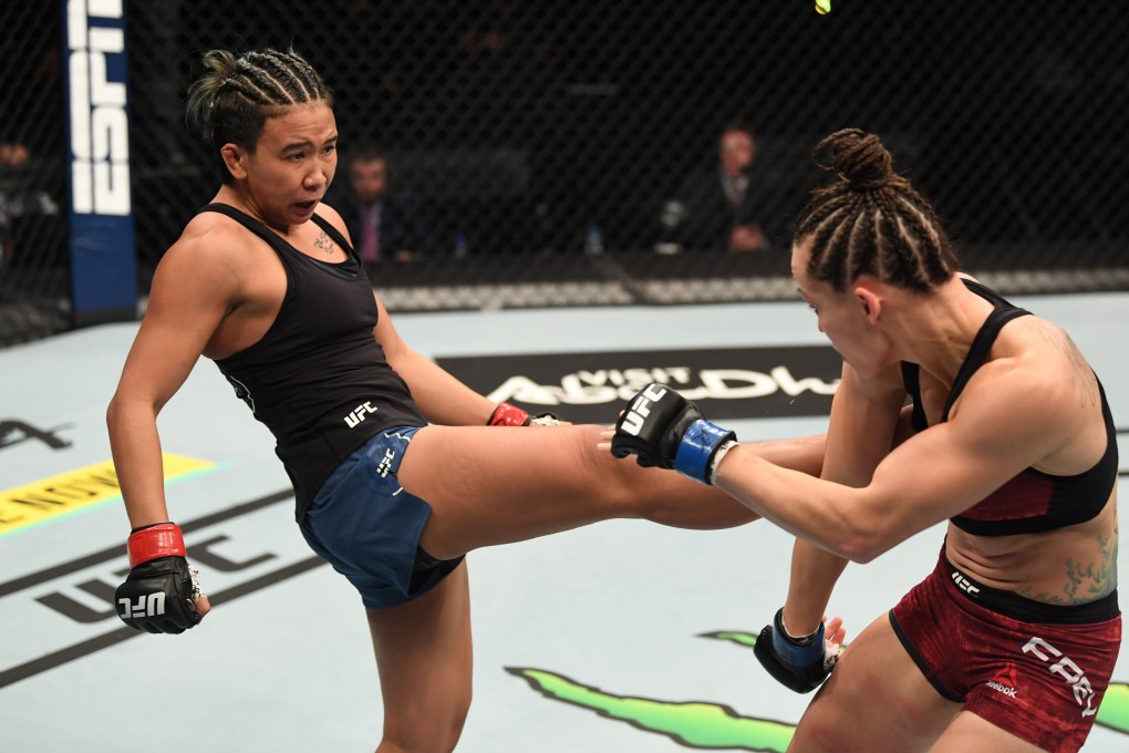 Loma Lookboonmee kicks Jinh Yu Frey in their strawweight bout during the UFC Fight Night event inside Flash Forum on UFC Fight Island on October 04, 2020 in Abu Dhabi, United Arab Emirates. Photos: Josh Hedges/Zuffa LLC