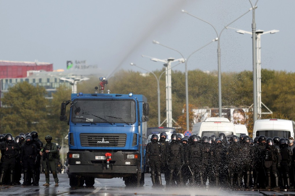 Police use a water cannon truck against demonstrators in Minsk on October 4, 2020. Photo: AFP