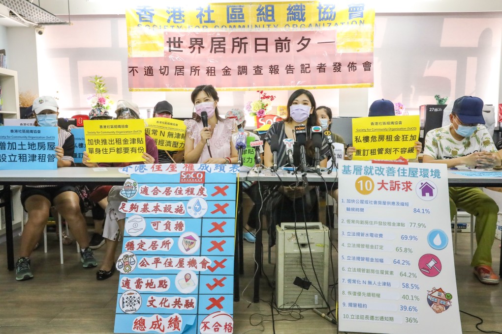 The Society for Community Organisation releases its latest report on the need for rent control and increased public housing on Sunday. Photo: K. Y. Cheng