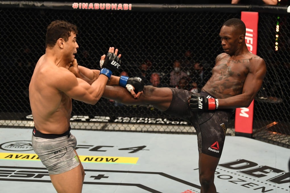 Israel Adesanya kicks Paulo Costa in their middleweight championship bout during UFC 253 inside Flash Forum on UFC Fight Island on September 27, 2020 in Abu Dhabi, United Arab Emirates. Photo: Josh Hedges/Zuffa LLC