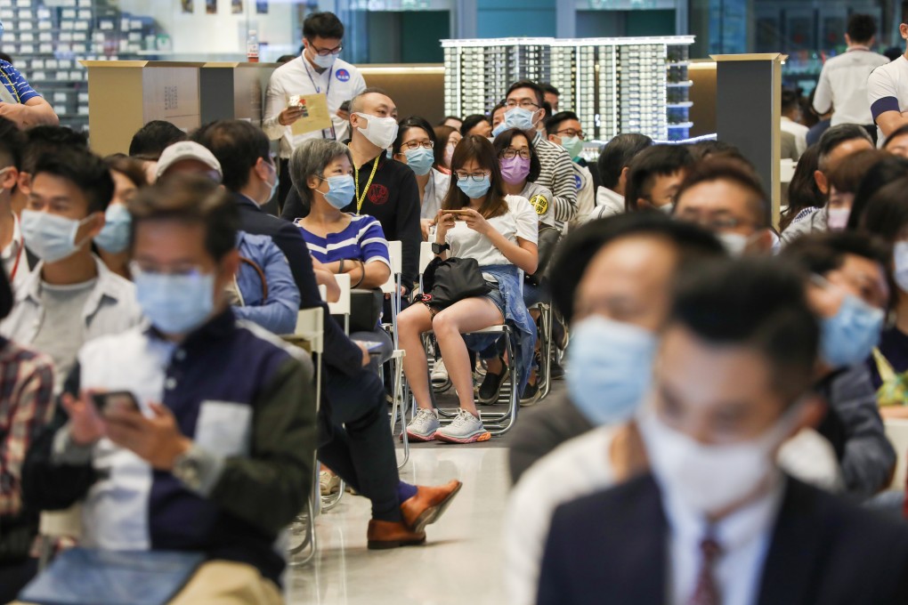 Potential buyers of CK Asset's SeaTo Sky project at Lohas Park in Tseung Kwan O, photographed at the project’s sales office in Hung Hom on 10 October 2020. Photo: Jonathan Wong