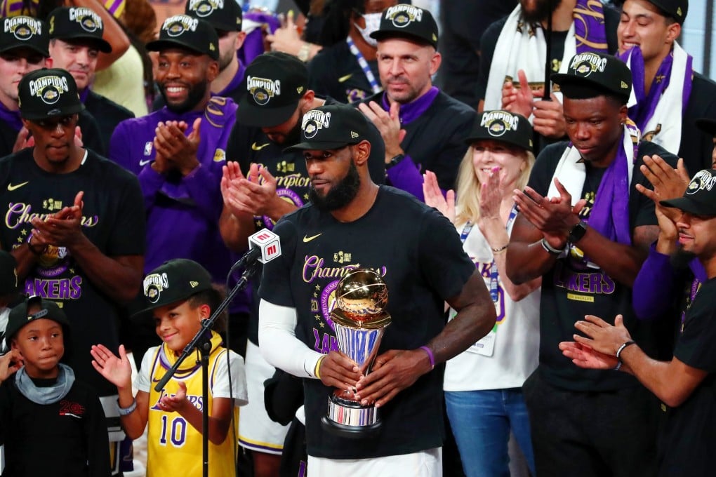 Los Angeles Lakers forward LeBron James speaks after receiving the NBA Finals MVP. Photo: USA Today Sports