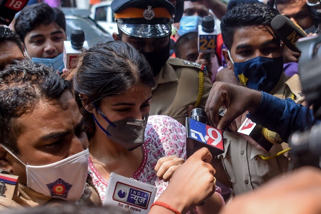Rhea Chakraborty, centre, arriving at the Narcotics Control Bureau office for questioning in the Sushant Singh Rajput case in Mumbai last month. Photo: AFP