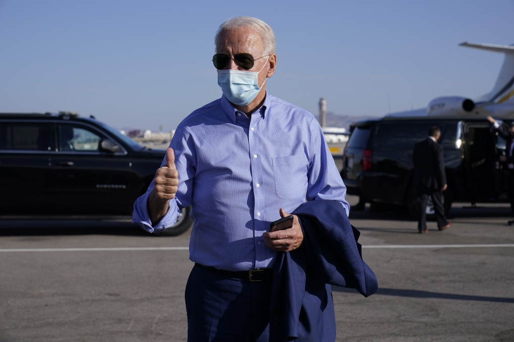 Democratic presidential candidate Joe Biden speaks before boarding his campaign plane at McCarran International Airport in Las Vegas on October 9. A Biden victory in November combined with Democrats taking both houses of Congress could spur more demand for Chinese assets and the renminbi. Photo: AP