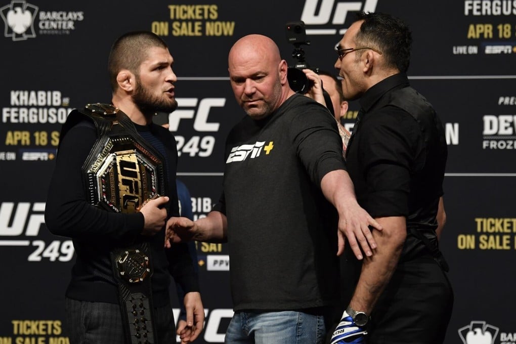 Dana White separates Khabib Nurmagomedov and Tony Fgeruson during the UFC 249 press conference at T-Mobile Arena on March 6, 2020 in Las Vegas, Nevada. Photo: Jeff Bottari/Zuffa LLC
