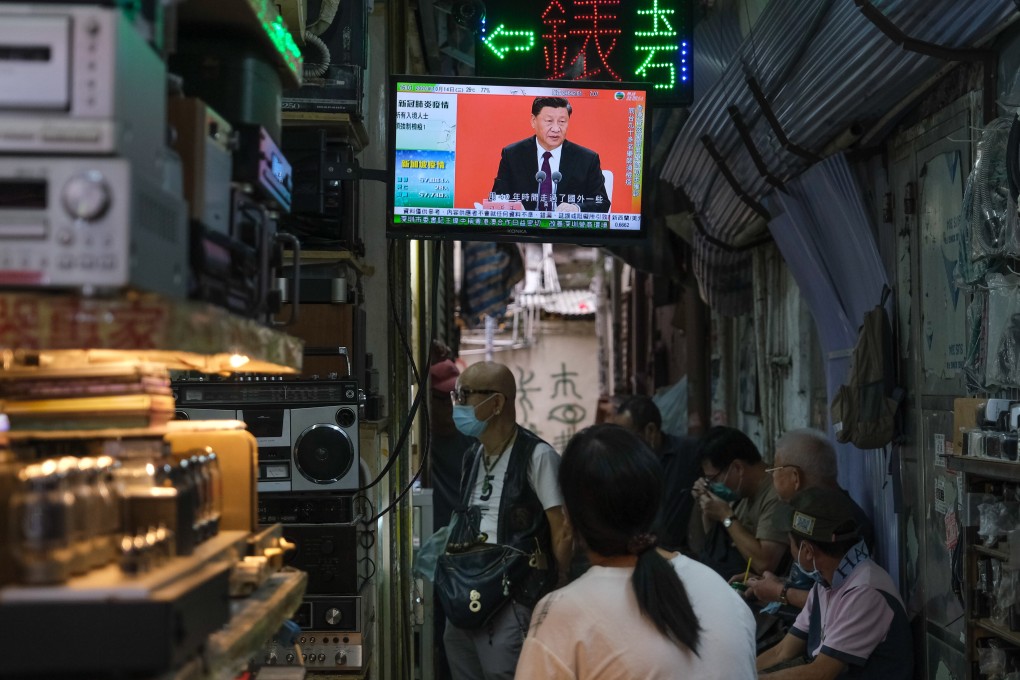 A telecast of Chinese President Xi Jinping's Shenzhen speech shown in Hong Kong on Wednesday, October 14, 2020. Photo: Bloomberg