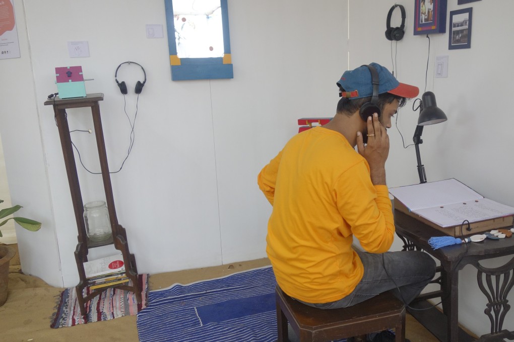 A visitor interacts with the Mann Mela exhibition at the Goa Open Arts Festival in February 2020. Mann Mela is a mobile mental-health museum which has gone online during the pandemic. Photo: Sangath